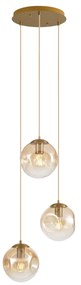 Art Deco závesná lampa mosadzná s jantárovým sklom 3-svetlá - Douglass