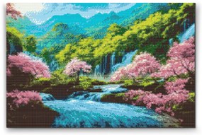 Gario Diamantové maľovanie Rozkvitnuté stromy pri vodopáde Rozmery: 80 x 60 cm, Rámovanie: S vnútorným rámom, Diamanty: Okrúhle