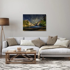 Sklenený obraz krajiny s jazerom (70x50 cm)