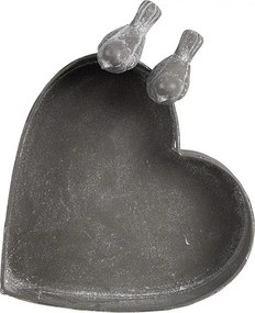 Šedý plechový kvetináč v tvare srdca s vtáčikmi - 19*17*7cm