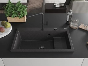Mexen Omar, 1-komorový granitový drez 800x480x210 mm, čierna škvrnitá, grafitový sifón, 6520801005-76-B