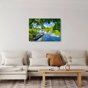Sklenený obraz letné rieky s loďkou (70x50 cm)