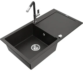 Mexen Leo, 1-komorový granitový drez 900x500x190 mm a drezová batéria Flora, čierna-zlatá metalíza, 6501-75-670401-07