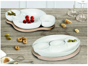 Sada 5 bielych servírovacích misiek z porcelánu na bambusovom podnose Brandani Plait