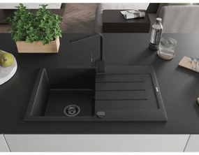 Mexen Bruno, drez granitový 795x495x200 mm, 1-komorový, čierna-strieborná metalíza s čiernym sifónom a čierna drezová batéria Rita, 6513-73-670300-70-B