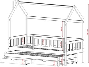 Detská domčeková posteľ s prístelkou a šuplíky MATYLDA - 200x90 cm - šedá