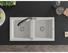 Mexen Mario, granitový drez 820x436x161 mm, 2-komorový a drezová batéria Duo, biela, 6504-20-671701-07