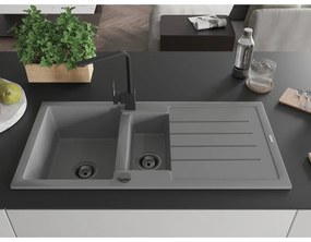 Mexen Andres, granitový drez 1000x500x200 mm, 1,5-komorový, šedá s čiernym sifónom a čierna drezová batéria Rita, 6515-71-670300-70-B