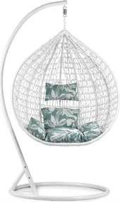Biele závesné kreslo KOKON so stojanom, zeleno-biely vankúš