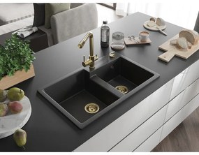 Mexen Tomas, granitový drez 800x500x190 mm, 2-komorový a zlatá batéria Duero, čierna - strieborná metalíza, 6516-73-671600-50