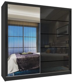 Šatníková skriňa 200 cm Belini čierny mat / čierny lesk s posuvnými dverami zrkadlom a zásuvkami MGB SZP5/1/B/1L5B/KLP