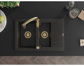 Mexen Gaspar, 1,5-komorový granitový drez 737x475x177 mm a drezová batéria Savita, čierna-zlatá metalíza, 6507-75-672601-50