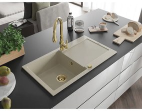 Mexen Leo, 1-komorový granitový drez 900x500x190 mm a drezová batéria Savita, béžová, 6501-69-672601-50