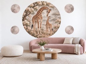 Žirafa s mláďaťom medzi kvetmi safari okrúhle nálepky na stenu do obývačky arch 46 x 46 cm