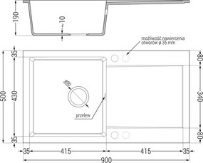 Mexen Leo granitový drez s 1 komorou a odkvapkávačom 900 x 500 mm, béžový, sifón zlatý - 6501901010-69-G