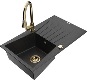 Mexen Cesar, 1-komorový granitový drez 775x470x190 mm a drezová batéria Elia, čierna-strieborná metalíza, 6514-73-670101-50