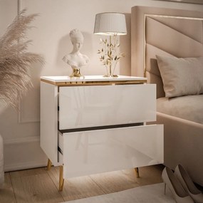 NOČNÝ STOLÍK NESSIE 2 BIELY LESK + ZLATÝ NA NOŽIČKÁCH 13 cm LED