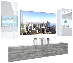 Obývacia stena Belini Premium Full Version biely lesk / šedý antracit Glamour Wood + LED osvetlenie Nexum 101