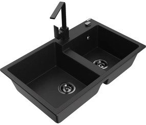 Mexen Tomas, granitový drez 800x500x190 mm, 2-komorový a čierna batéria Rita, čierna, 6516-77-670300-70-B