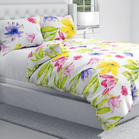 Biante Bavlnené posteľné obliečky Sandra SA-481 Žlto-ružové akvarelové kvety na bielom Jednolôžko 140x200 a 70x90 cm