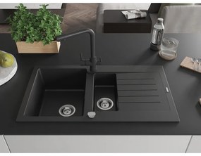 Mexen Matias, granitový drez 900x505x200 mm, 1,5-komorový a čierna batéria Duero, čierna, 6502-77-671600-70