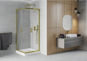 Mexen Rio, štvorcový sprchovací kút s posuvnými dverami 70(dvere) x 70(dvere) x 190 cm, 6mm číre sklo, zlatý profil + Rio sprchová vanička s chrómovým sifónom, 860-070-070-50-00-4510