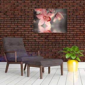 Sklenený obraz - Kvety a motýľ (70x50 cm)