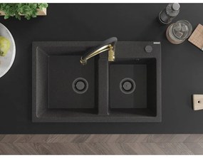 Mexen Tomas, 2-komorový granitový drez 800x500x190 mm a drezová batéria Aster, čierna škvrnitá, 6516-76-73450-57-B