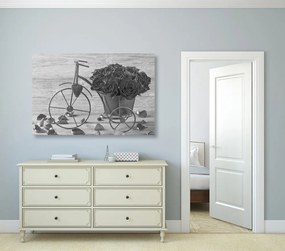 Obraz bicykel plný ruží v čiernobielom prevedení