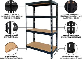 Regál 150x70x30 cm lakovaný 4-policový, nosnosť 700 kg, RIVET - čierny
