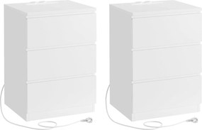 Nočný stolík 2-dielna sada, s 2 sieťovými zásuvkami a 2 USB portami, biela farba