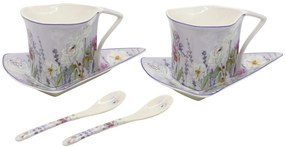 HOME ELEMENTS Súprava dvoch 250 ml šálok s podšálkami a lyžičkami, Levanduľa