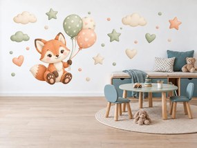 Plyšová lištička s balónikmi šalviovozelené a broskyňové textilné nálepky na stenu do detskej izby arch 46 x 34 cm
