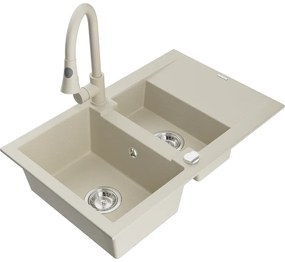 Mexen Gaspar, 1,5-komorový granitový drez 737x475x177 mm a drezová batéria Elia, béžová, 6507-69-670101-69