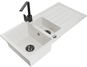 Mexen Andres, granitový drez 1000x500x200 mm, 1,5-komorový, biela s čiernym sifónom a čierna drezová batéria Rita, 6515-20-670300-70