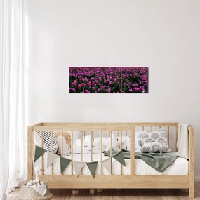 Obraz - Lúka fialových tulipánov (s hodinami) (90x30 cm)