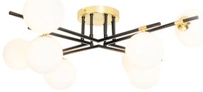 Stropné svietidlo čierne so zlatom a opálovým sklom 8-žiarovkové - Lynn
