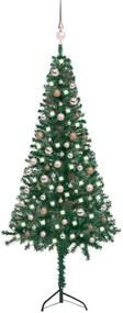 Rohový umelý vianočný stromček s LED a guľami zelený 210 cm PVC 3077955