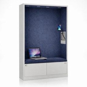 Kancelárska akustická kabína so sedadlom a portom USB-C, telo v sivý / sedák tmavomodrá v zelenej farbe, 1150 mm: SALLY MentalBox