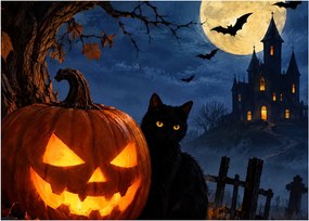 Obraz - Čierna mačka pri svietiacej tekvici na Halloween (70x50 cm)