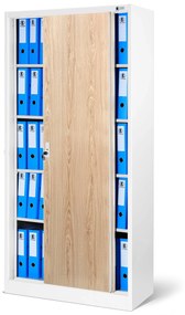 Kovová spisová policová skriňa s posuvnými dverami KUBA, 900 x 1850 x 400 mm, Eco Design: biela/ dub sonoma