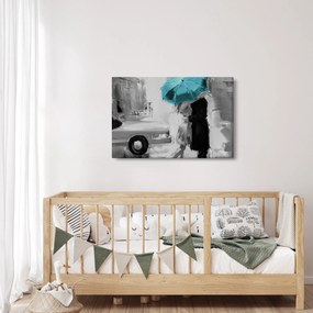 Obraz - Zamilovaný pár s dáždnikom, modrý (90x60 cm)