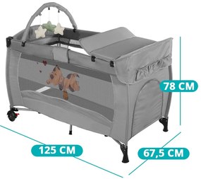 Cestovná postieľka s prebaľovacou podložkou a hracím oblúkom, sivá