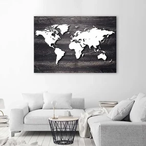 Gario Obraz na plátne Mapa sveta na sivom dreve Rozmery: 120 x 80 cm