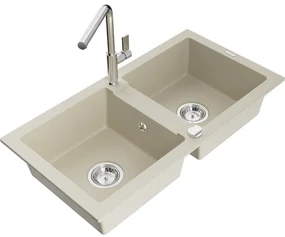 Mexen Mario, 2-komorový granitový drez 820x436x161 mm a drezová batéria Flora, béžová, 6504-69-670401-00