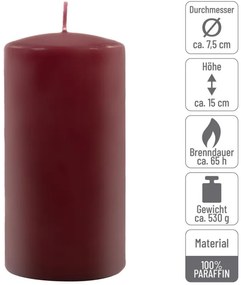 Sada stĺpových sviečok, 15 cm, Ø 7,5 cm, vínová, 6 ks