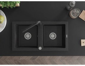 Mexen Mario, 2-komorový granitový drez 820x436x161 mm a čierna drezová batéria Duero, čierna-strieborná metalíza, 6504-73-671600-70