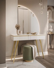 TOALETNÝ STOLÍK NESSIE BIELY LESK PRAVÝ + ZLATÉ NOHY + ZRKADLO POLMESIAC