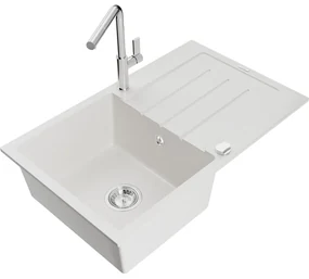 Mexen Bruno, 1-komorový granitový drez 795x495x200 mm a drezová batéria Flora, biela, 6513-20-670401-00