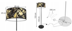 Podlahová lampa GOLD FLOWERS, 1x čierne textilné tienidlo s kvetinovým vzorom, (fi 40cm), O